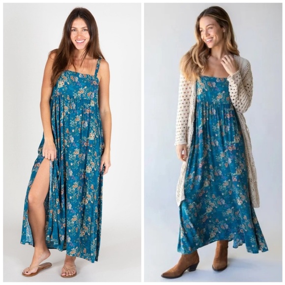 Natural Life | Patti Side Slit Maxi Dress Blue Turquoise Cream Roses New Medium - Picture 3 of 14